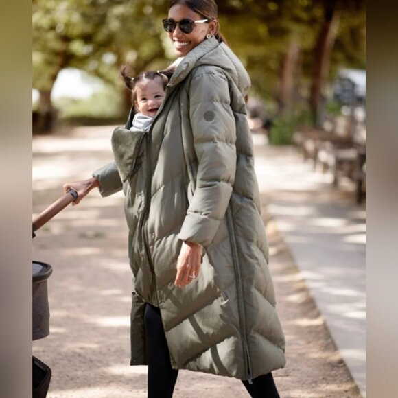 Seraphine Long Maternity & Babywearing Puffer Coat in Khaki - Picture 1 of 3